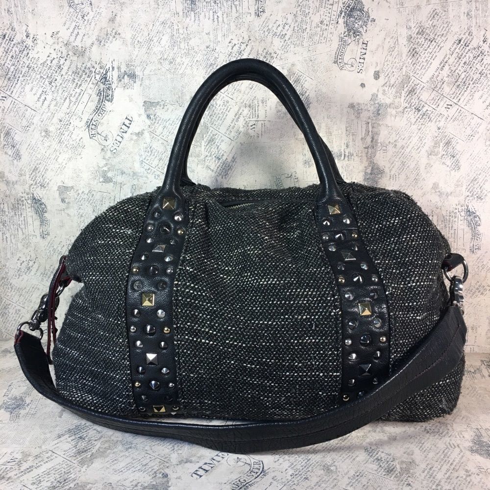 MZ Wallace Lillian Draper Tweed Satchel Leather Trim Studded Shoulder Bag